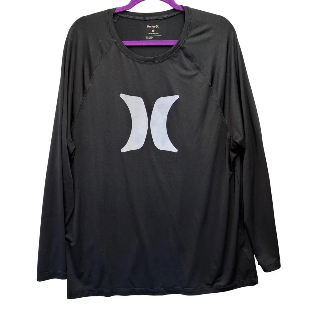 Hurley Mens XL Rash Guard‎ Long Sleeve Black Performance Swim Shirt Logo Raglan